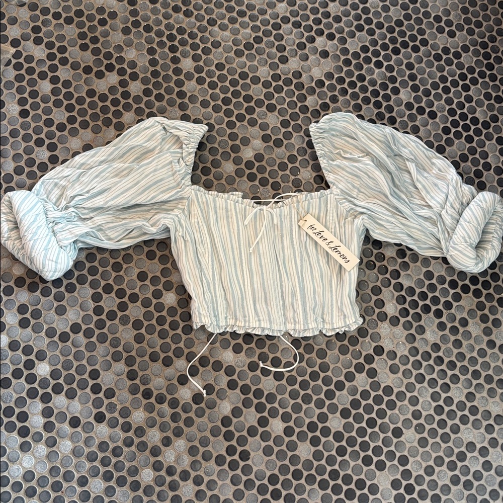 For Love And Lemons Blue Striped Puff Sleeve Top